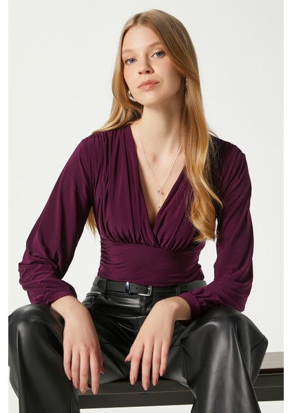 Kadın Sante V Yaka Mürdüm Yumuşak Sandy Bluz