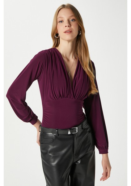 Kadın Sante V Yaka Mürdüm Yumuşak Sandy Bluz fiyatları