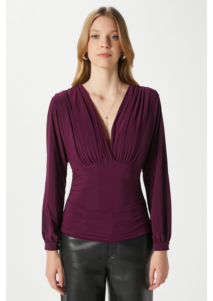 Kadın Sante V Yaka Mürdüm Yumuşak Sandy Bluz indirimleri