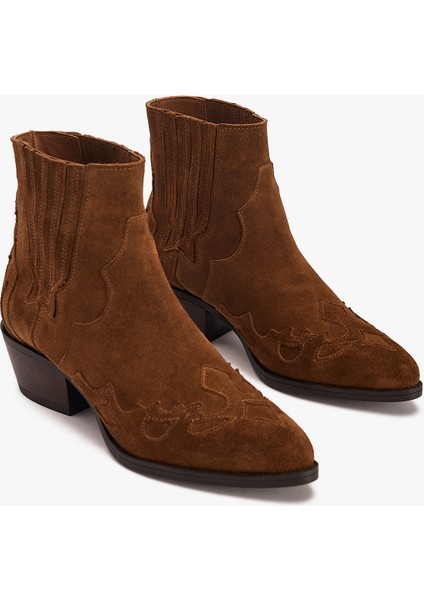 Kadın Taba Süet Western Kısa Topuklu Bot – Kovboy Tarzı El Işçiliği Model