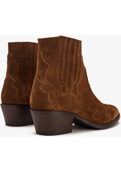 Kadın Taba Süet Western Kısa Topuklu Bot – Kovboy Tarzı El Işçiliği Model