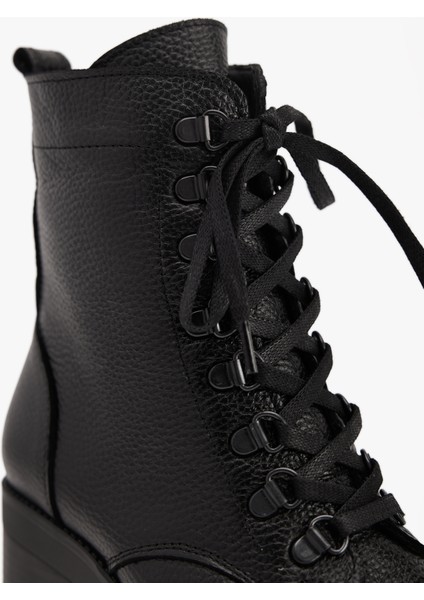 Kadın Siyah Yüksek Kalın Taban Hakiki Deri Bağcıklı Bot modelleri