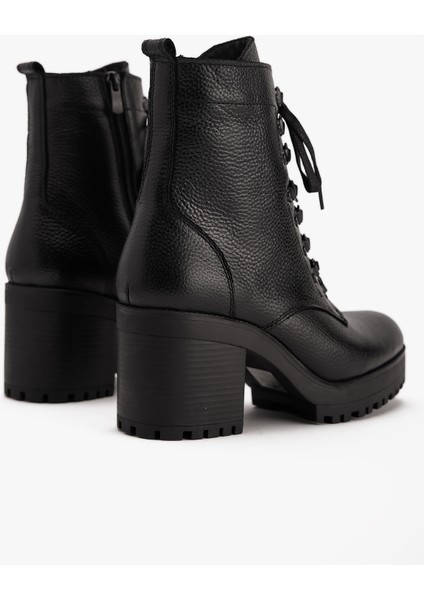Kadın Siyah Yüksek Kalın Taban Hakiki Deri Bağcıklı Bot