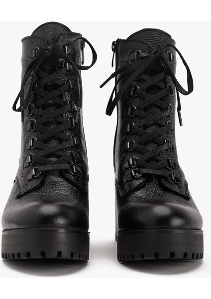 Kadın Siyah Yüksek Kalın Taban Hakiki Deri Bağcıklı Bot