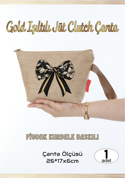 Gold Işıltılı Jüt Clutch Çanta Fiyonk Kurdele 1 Adet