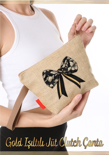 Gold Işıltılı Jüt Clutch Çanta Fiyonk Kurdele 1 Adet fiyatları