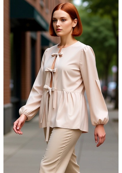 Çizgili Fiyonk Detaylı Dokuma Gömlek Kadın Fonksiyonel Dayanıklı Kaliteli Konforlu Estetik