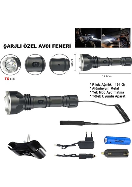 Orjinal 600 Lümen Tx6 Şarjlı Özel Avcı Feneri WT-253