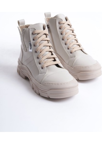 Anny Bağcıklı Fermuarlı Ortopedik Taban Suya ve Soğuğa Dayanıklı Cilt Kadın Spor Bot Kt Krem