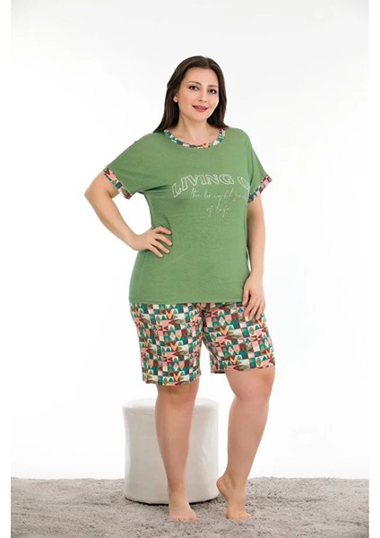 Lady Büyük Beden Yuvarlak Yaka Kısa Kol Şortlu Pijama Takımı
