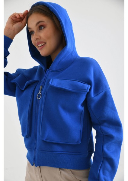 Kadın Ceket Çift Cepli Bel Boy Fermuarlı Şardonlu Ceket Saks - D005 fırsatları