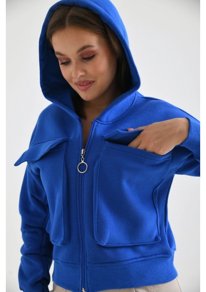 Kadın Ceket Çift Cepli Bel Boy Fermuarlı Şardonlu Ceket Saks - D005 indirimleri