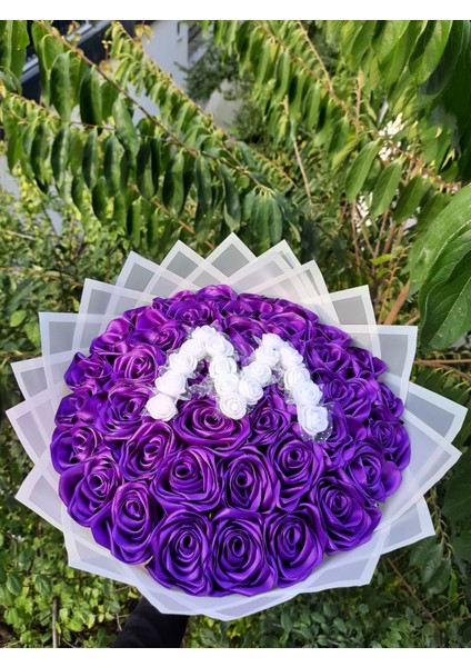 41 Li LED Işıklı Solmayan Gül Harfli - Mor Gül Dışı Beyaz Isteme, Söz, Nişan, Mezuniyet Için Ideal