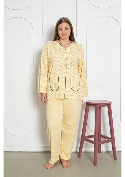 %100 Pamuklu Uzun Kollu Boydan Düğmeli Büyük Beden Kadın Pijama Takımı 206