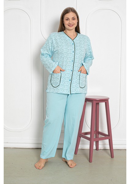 %100 Pamuklu Uzun Kollu Boydan Düğmeli Büyük Beden Kadın Pijama Takımı 206