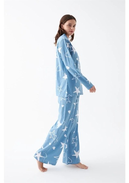 Kadın Mavi Yıldız Desenli Düğmeli Pamuklu Pijama Takımı modelleri