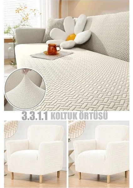 Jakarlı 3311 Tuğla Desen Streç Lastikli Koltuk Örtüsü Takımı Esnek Kanepe Çekyat Kılıfı