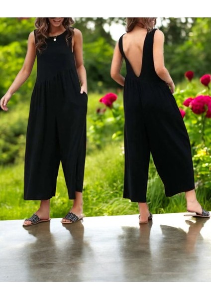 Keten Yazlık Günlük Sırt Dekolteli Salaş Kadın Tulum