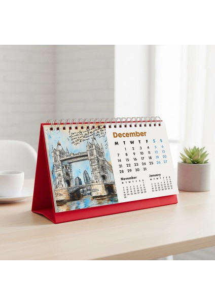 2026 Londra Masa Takvimi - Önceki ve Sonraki Ay Görünümlü Renkli Illüstrasyon Takvim | Big Ben, London Eye, Tower Bridge, River Thames Temalı