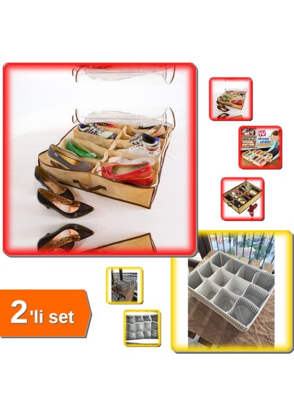 Pratik 12 Bölmeli Çekmece Düzenleyici + Ayakkabı Saklama Organizer 12 Bölmeli 2li Set - P3D8L7