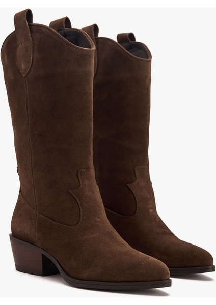 Kadın Süet Deri Uzun Western Kovboy Çizme – Topuklu Deri Çizme