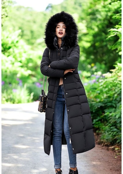 Kışlık Uzun Kürklü Kapüşonlu Kadın Şişme Mont