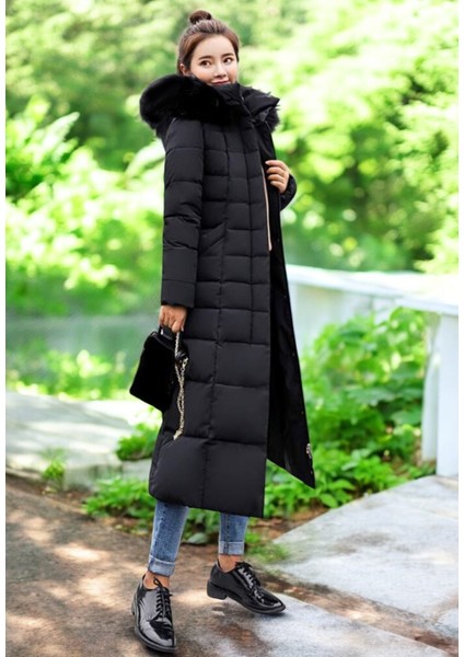 Kışlık Uzun Kürklü Kapüşonlu Kadın Şişme Mont
