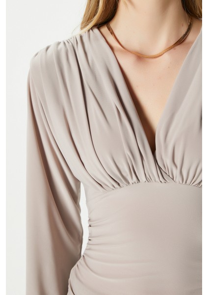 Kadın Sante V Yaka Bej Yumuşak Sandy Bluz fiyatları