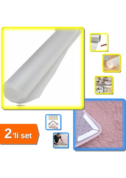 Halı Kaydırmaz Ped 16 Adet + 10 Metre Şeffaf Halı Kaydırmaz Raf Dolap Örtüsü 2li Set Q8P4XJ
