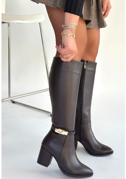 Diz Altı Yandan Fermuarlı Topuklu Çizme Kahverengi Topuk Boyu 6 cm modelleri