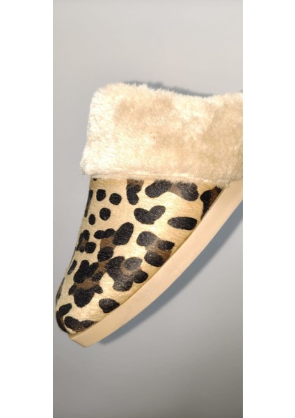 Leopar Desenli Içi Tüylü Sıcacık Pvc Taban Kadın Ev Terliği