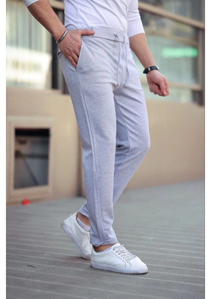 Erkek Diagonel Mikro Dokulu Cepli Beli Lastilki Pantolon - Gri