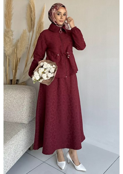 Kendinden Desenli Ceket Bel Lastikli Etek Tesettür Ikili Takım P-00019040