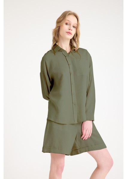 Keten Yazlık Uzun Kol Gömlek Şort Haki Ikili Takım indirimleri