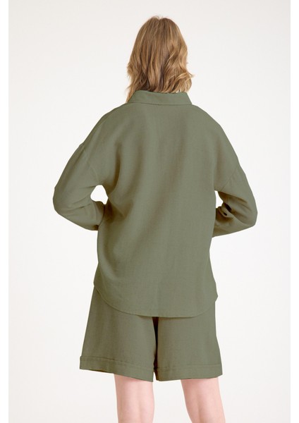 Keten Yazlık Uzun Kol Gömlek Şort Haki Ikili Takım