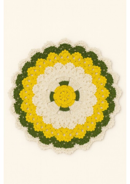 El Yapımı Sarı-Beyaz Papatya Desenli Örgü Dekor – Yuvarlak Masa Örtüsü / Sehpa Örtüsü fiyatları