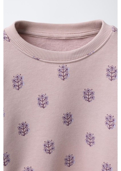 Kız Çocuk Pamuklu Lila Çiçek Desenli Sweatshirt ve Tayt Takım – Rahat Günlük Stil modelleri