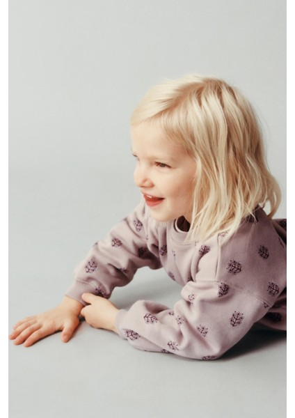 Kız Çocuk Pamuklu Lila Çiçek Desenli Sweatshirt ve Tayt Takım – Rahat Günlük Stil