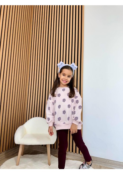 Kız Çocuk Pamuklu Lila Çiçek Desenli Sweatshirt ve Tayt Takım – Rahat Günlük Stil