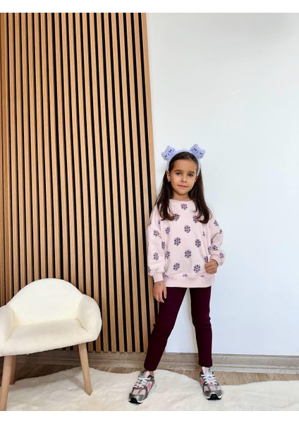 Kız Çocuk Pamuklu Lila Çiçek Desenli Sweatshirt ve Tayt Takım – Rahat Günlük Stil