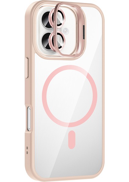 iPhone 17 Kılıf Standlı ve Kamera Lens Hediyeli M-Safe Şarj Özellikli Zore Etro Kapak - Pembe