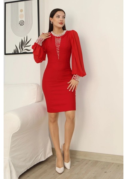 Inci Süsleme Detaylı Midi Abiye Elbise 2335-KIRMIZI