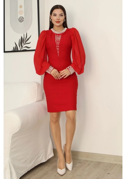 Inci Süsleme Detaylı Midi Abiye Elbise 2335-KIRMIZI fiyatları