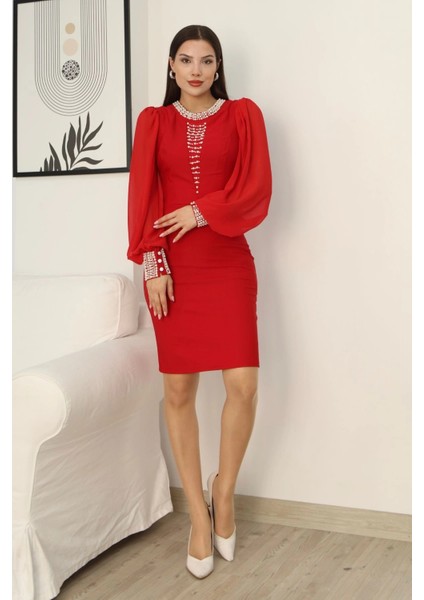 Inci Süsleme Detaylı Midi Abiye Elbise 2335-KIRMIZI modelleri