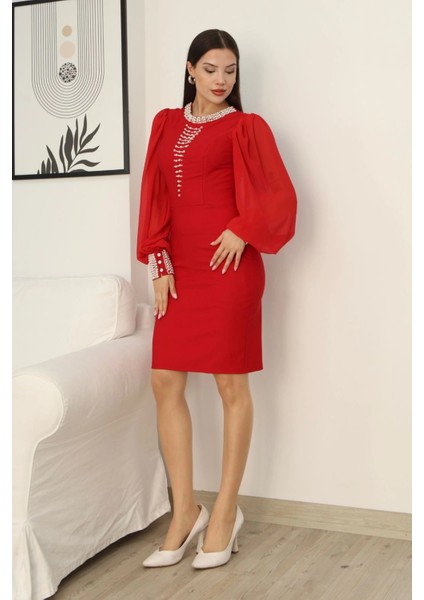 Inci Süsleme Detaylı Midi Abiye Elbise 2335-KIRMIZI fırsatları