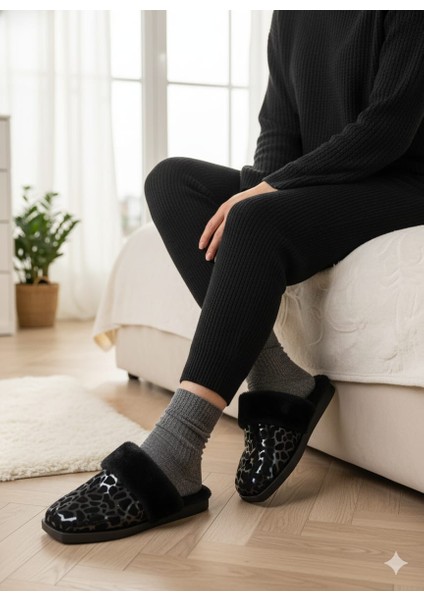 Leopar Desenli Içi Tüylü Sıcacık Pvc Taban Kadın Ev Terliği modelleri