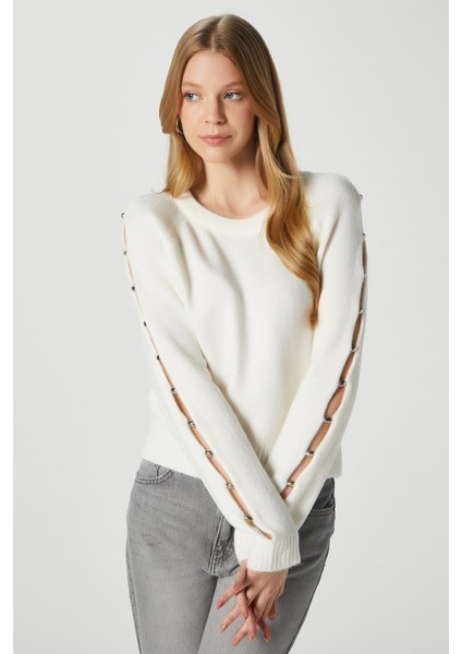 Kadın Raise Kol Detay Ekru Triko Kazak 8667 fiyatları