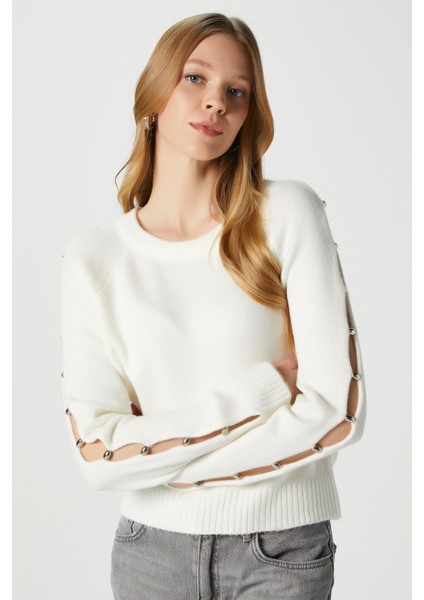 Kadın Raise Kol Detay Ekru Triko Kazak 8667 modelleri