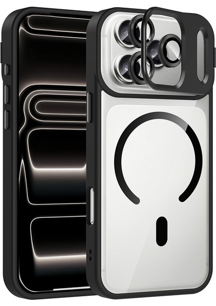 iPhone 17 Pro Kılıf Standlı ve Kamera Lens Hediyeli M-Safe Şarj Özellikli Zore Etro Kapak - Siyah