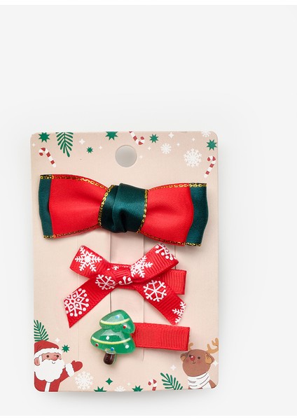 Kırmızı Çam Ağacı Figürlü Kız Çocuk 3'lü Klips Toka Set